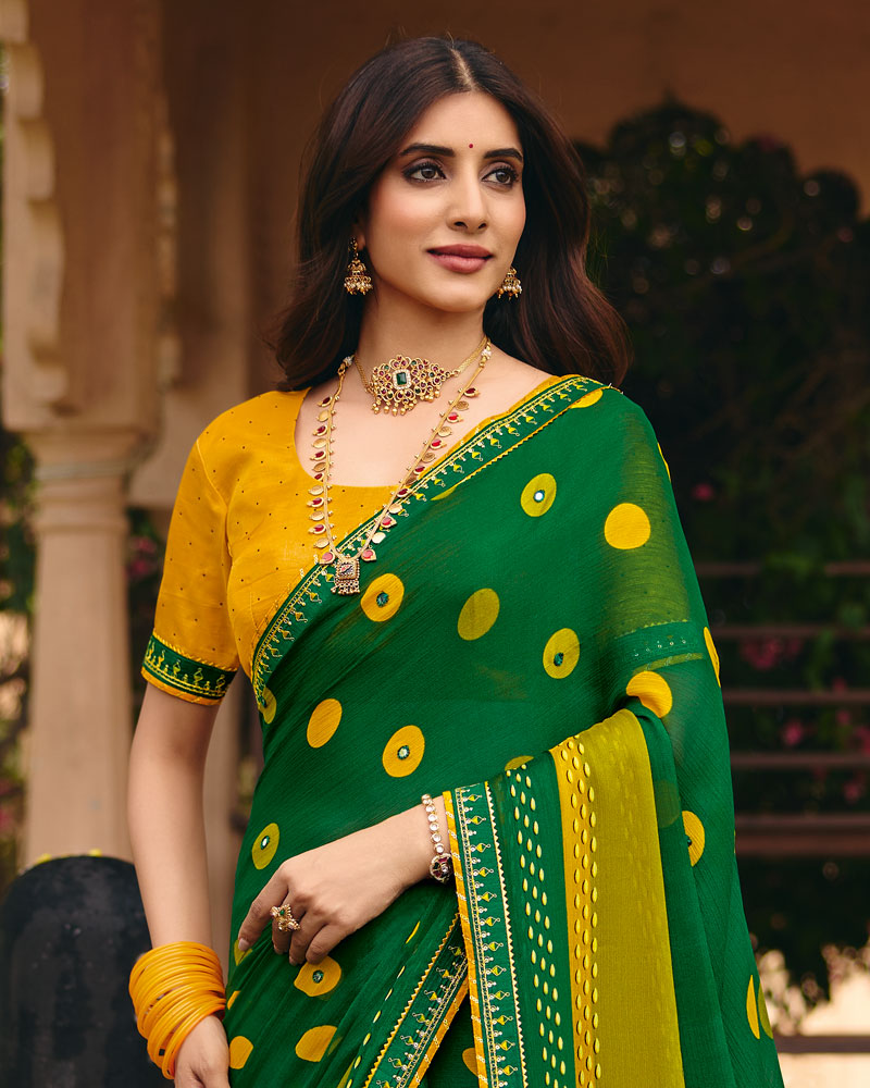 Vishal Prints Dark Green Yellow Traditional Print Chiffon Saree With Mirror Work And Fancy Embroidered Border