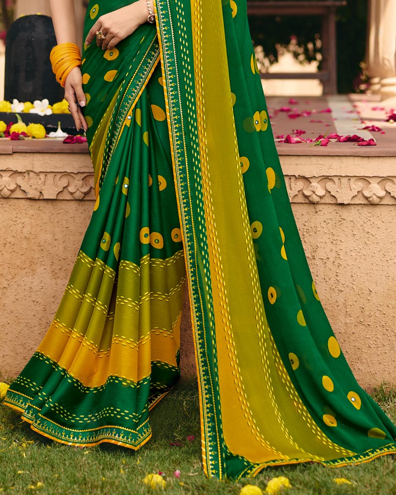 Vishal Prints Dark Green Yellow Traditional Print Chiffon Saree With Mirror Work And Fancy Embroidered Border