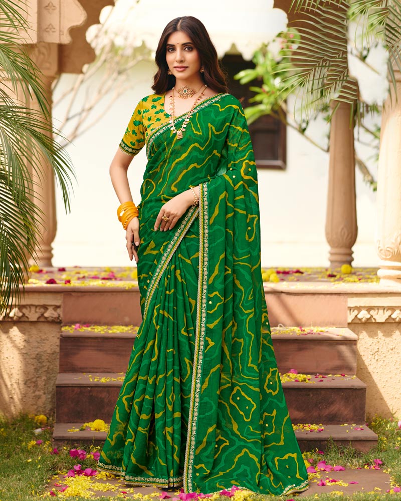 Vishal Prints Cactus Green Traditional Print Chiffon Saree With Mirror Work And Fancy Embroidered Border