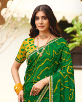 Vishal Prints Cactus Green Traditional Print Chiffon Saree With Mirror Work And Fancy Embroidered Border