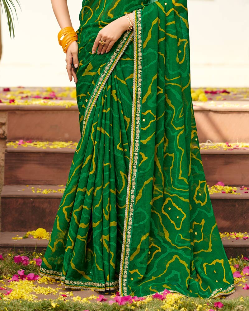 Vishal Prints Cactus Green Traditional Print Chiffon Saree With Mirror Work And Fancy Embroidered Border