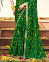 Vishal Prints Cactus Green Traditional Print Chiffon Saree With Mirror Work And Fancy Embroidered Border