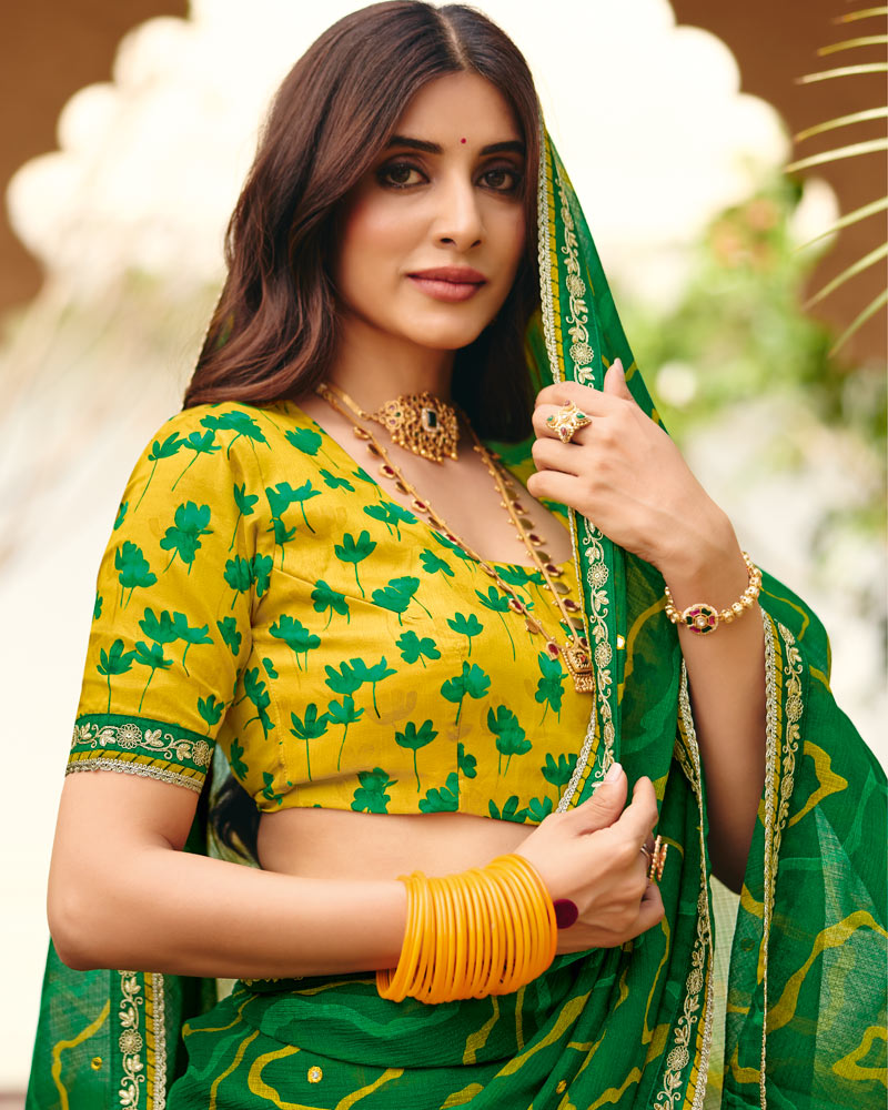 Vishal Prints Cactus Green Traditional Print Chiffon Saree With Mirror Work And Fancy Embroidered Border