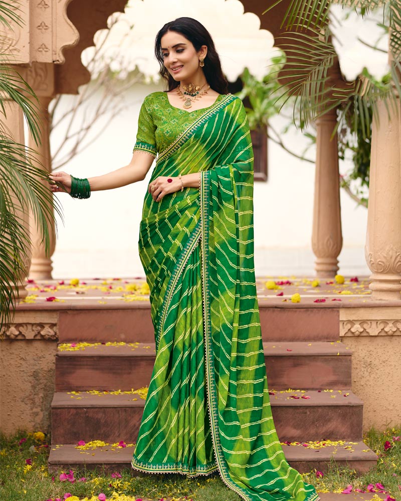 Vishal Prints Shaded Green Traditional Print Chiffon Saree With Fancy Embroidered Border