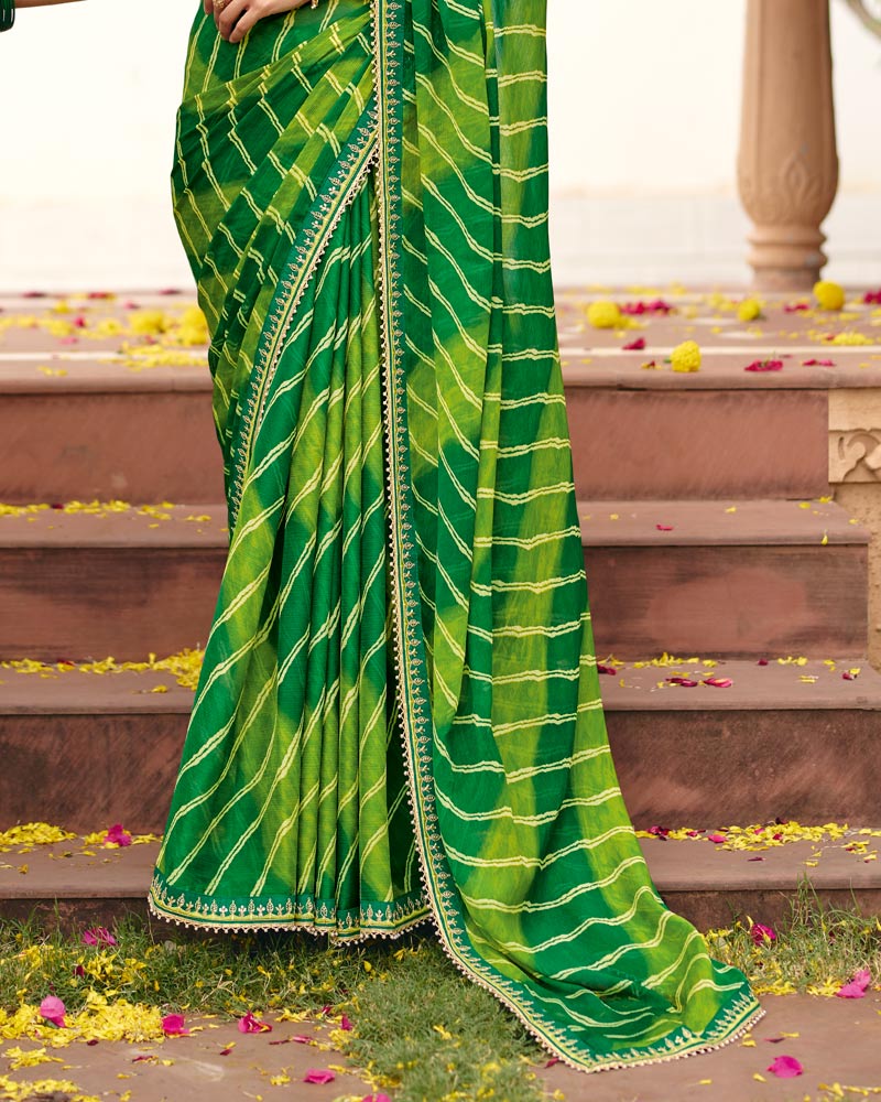 Vishal Prints Shaded Green Traditional Print Chiffon Saree With Fancy Embroidered Border