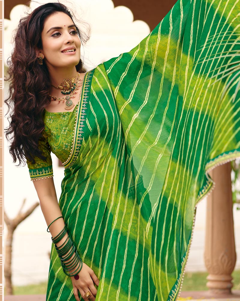 Vishal Prints Shaded Green Traditional Print Chiffon Saree With Fancy Embroidered Border