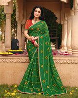 Vishal Prints Dark Green Traditional Print Chiffon Saree With Mirror Work And Fancy Embroidered Border