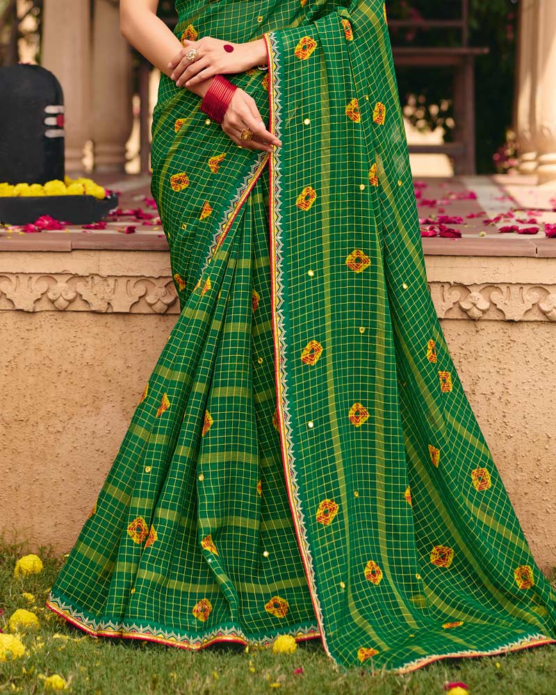 Vishal Prints Dark Green Traditional Print Chiffon Saree With Mirror Work And Fancy Embroidered Border
