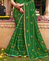 Vishal Prints Dark Green Traditional Print Chiffon Saree With Mirror Work And Fancy Embroidered Border