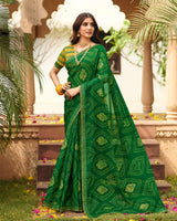 Vishal Prints Spinach Green Traditional Print Chiffon Saree With Foil Print And Fancy Embroidered Border