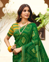 Vishal Prints Spinach Green Traditional Print Chiffon Saree With Foil Print And Fancy Embroidered Border
