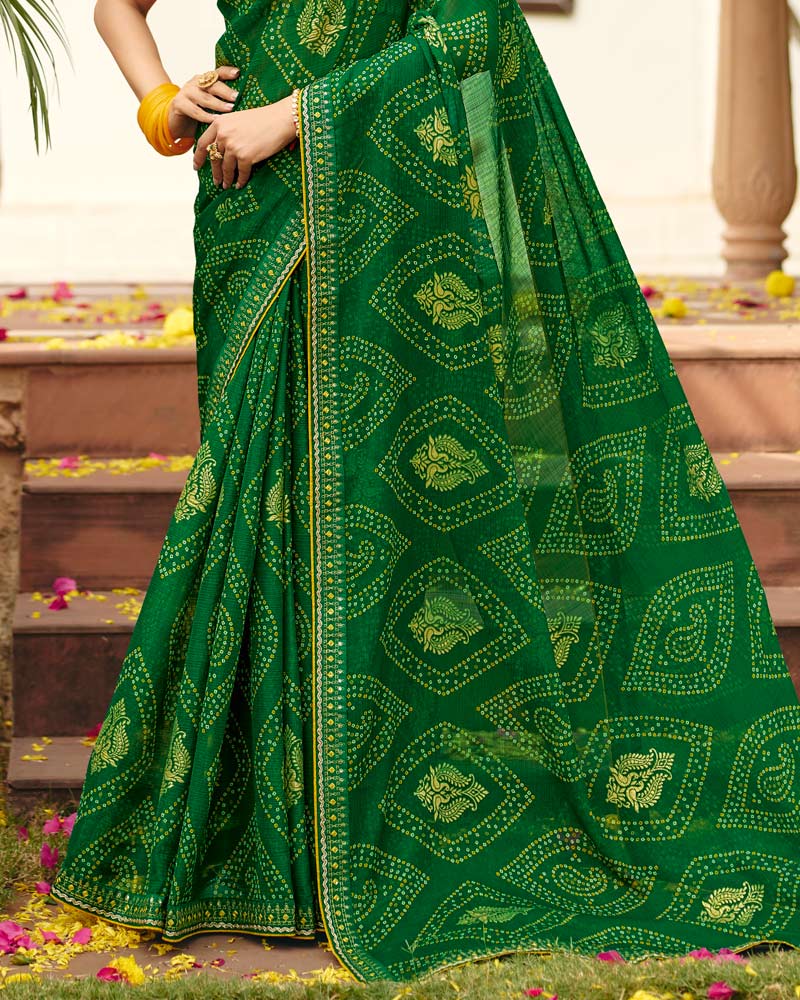 Vishal Prints Spinach Green Traditional Print Chiffon Saree With Foil Print And Fancy Embroidered Border