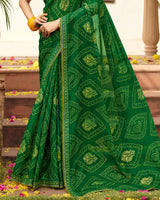 Vishal Prints Spinach Green Traditional Print Chiffon Saree With Foil Print And Fancy Embroidered Border