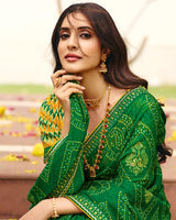 Vishal Prints Spinach Green Traditional Print Chiffon Saree With Foil Print And Fancy Embroidered Border