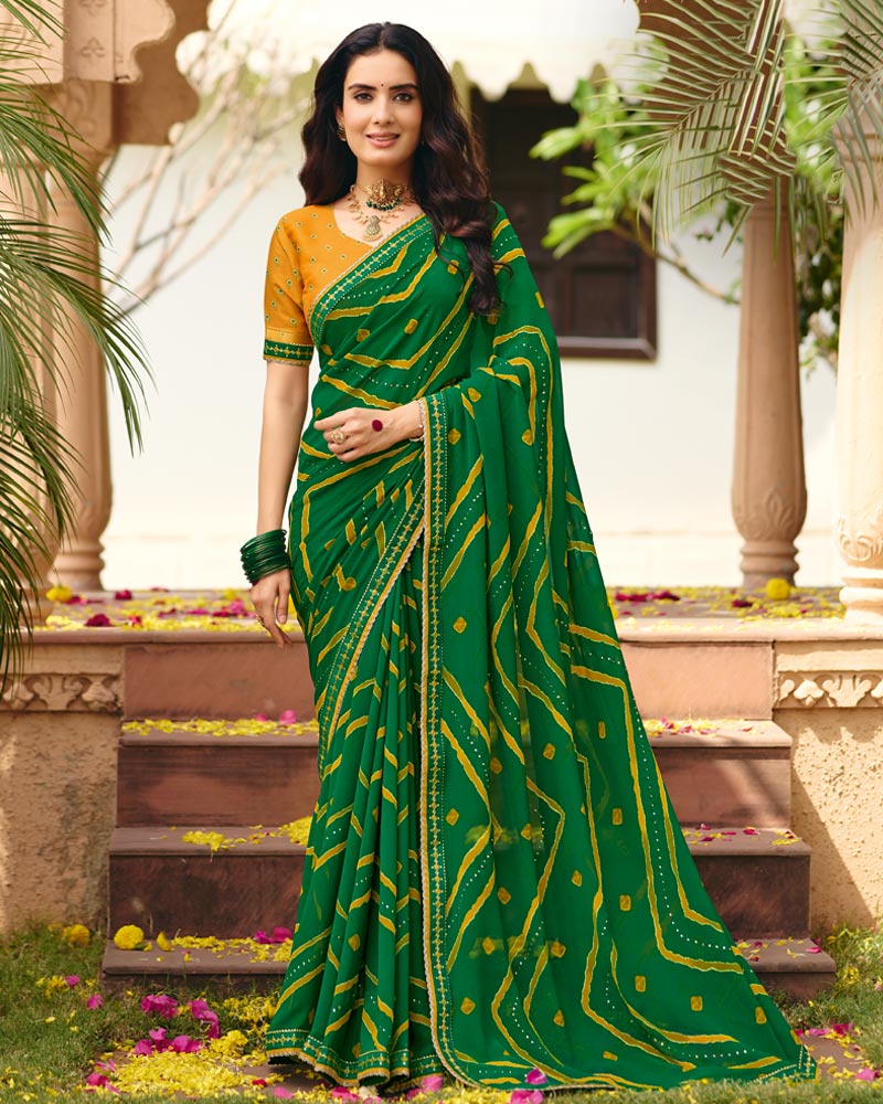 Vishal Prints Fern Green Traditional Print Chiffon Saree With Foil Print And Fancy Embroidered Border