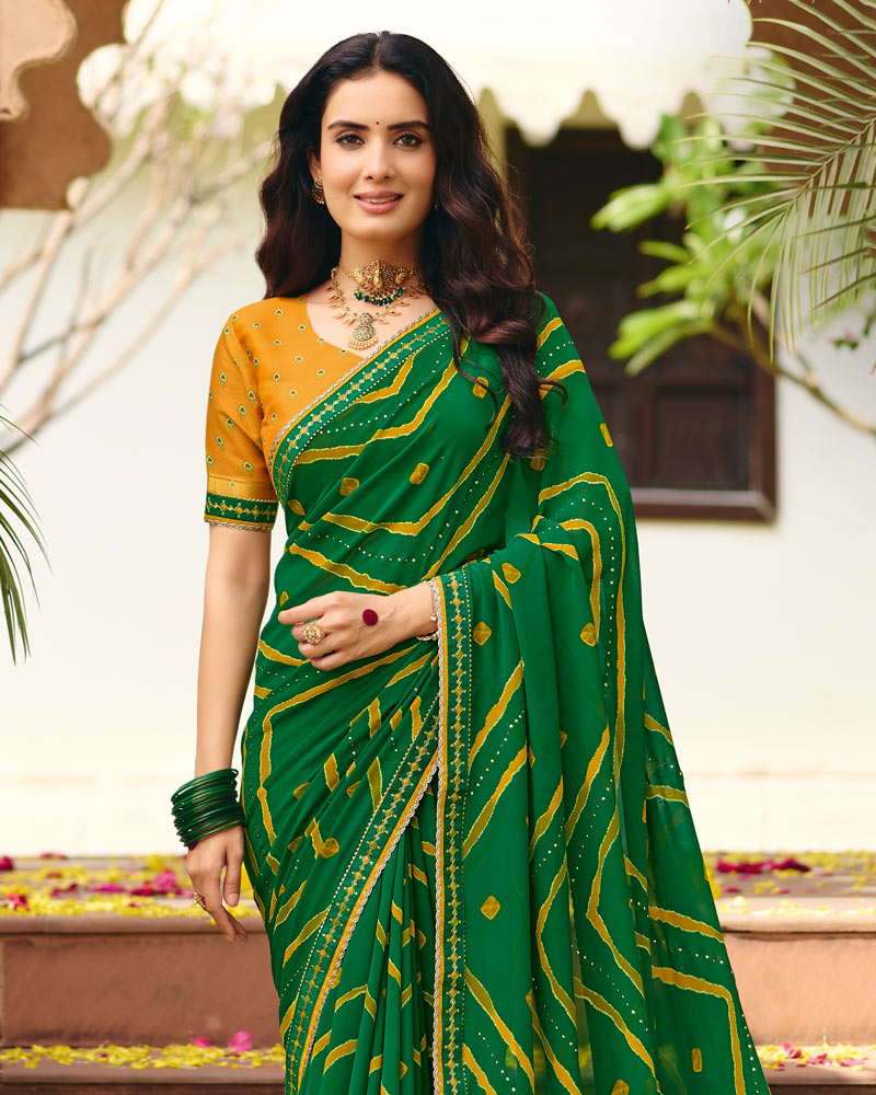 Vishal Prints Fern Green Traditional Print Chiffon Saree With Foil Print And Fancy Embroidered Border