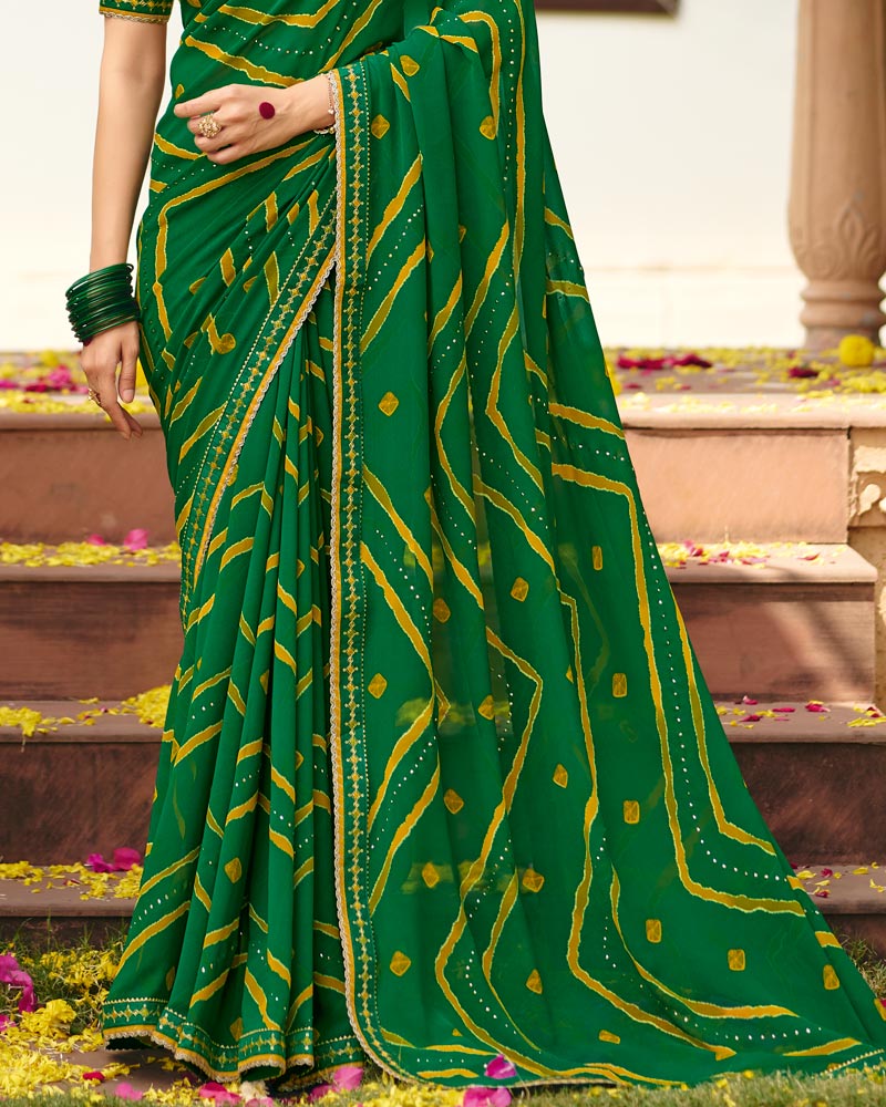 Vishal Prints Fern Green Traditional Print Chiffon Saree With Foil Print And Fancy Embroidered Border