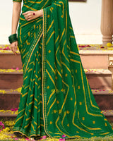 Vishal Prints Fern Green Traditional Print Chiffon Saree With Foil Print And Fancy Embroidered Border