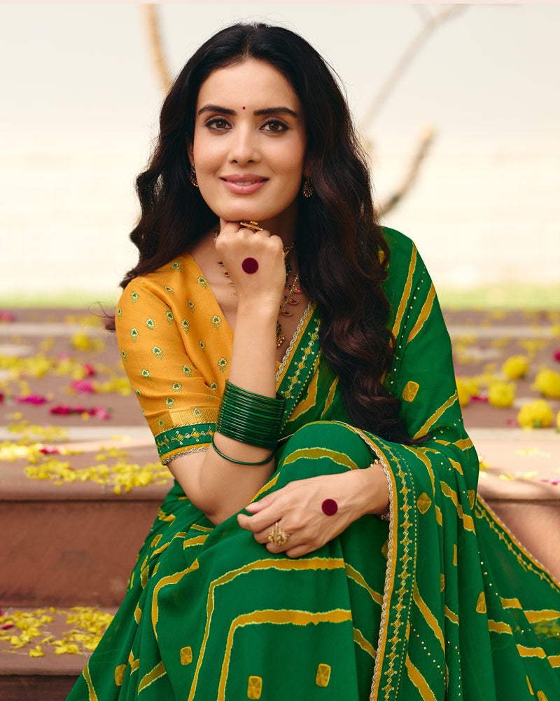 Vishal Prints Fern Green Traditional Print Chiffon Saree With Foil Print And Fancy Embroidered Border
