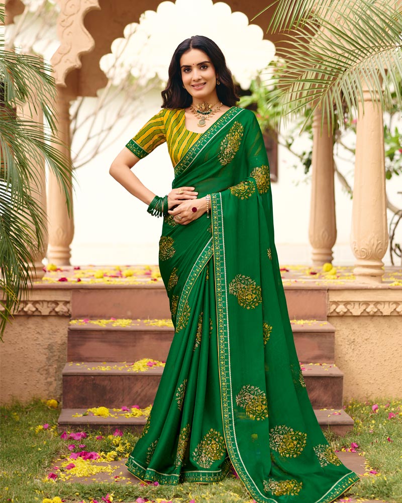 Vishal Prints Country Green Traditional Print Chiffon Saree With Foil Print And Fancy Embroidered Border