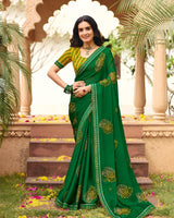 Vishal Prints Country Green Traditional Print Chiffon Saree With Foil Print And Fancy Embroidered Border