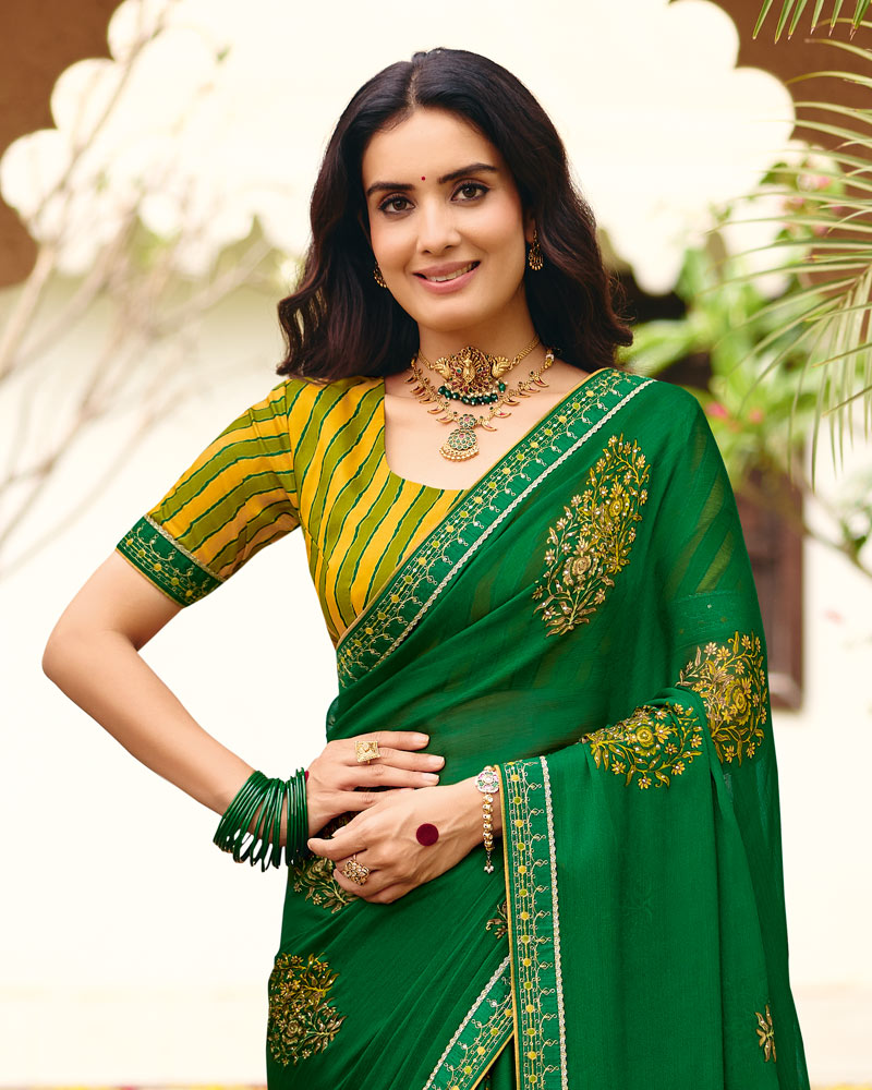 Vishal Prints Country Green Traditional Print Chiffon Saree With Foil Print And Fancy Embroidered Border