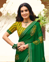 Vishal Prints Country Green Traditional Print Chiffon Saree With Foil Print And Fancy Embroidered Border
