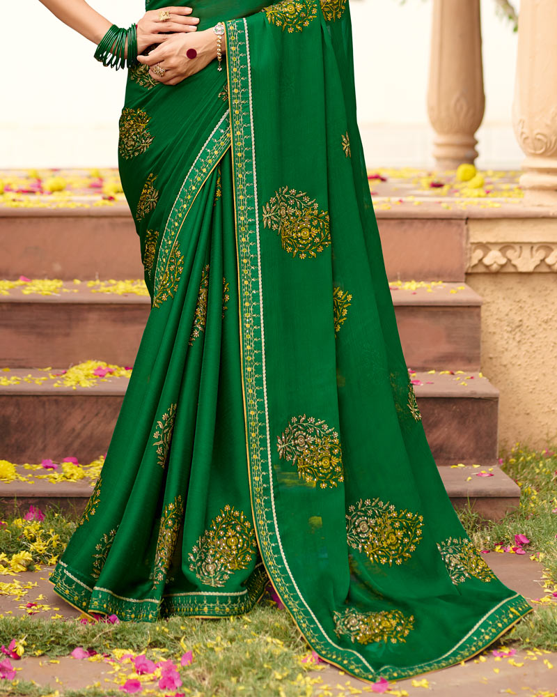Vishal Prints Country Green Traditional Print Chiffon Saree With Foil Print And Fancy Embroidered Border
