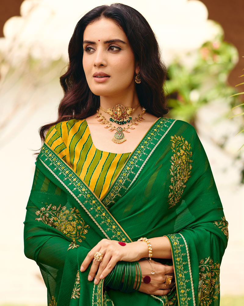 Vishal Prints Country Green Traditional Print Chiffon Saree With Foil Print And Fancy Embroidered Border