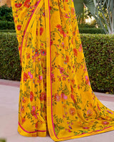 Vishal Prints Dark Yellow Printed Georgette Saree With Border