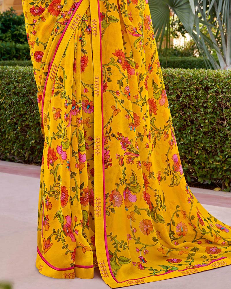 Vishal Prints Dark Yellow Printed Georgette Saree With Border