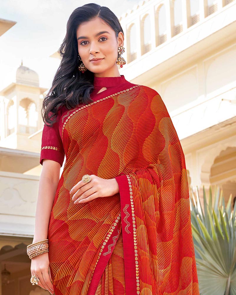 Vishal Prints Dark Red Printed Georgette Saree With Border