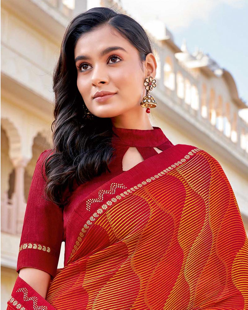 Vishal Prints Dark Red Printed Georgette Saree With Border