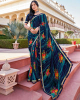 Vishal Prints Navy Blue Printed Georgette Saree With Border