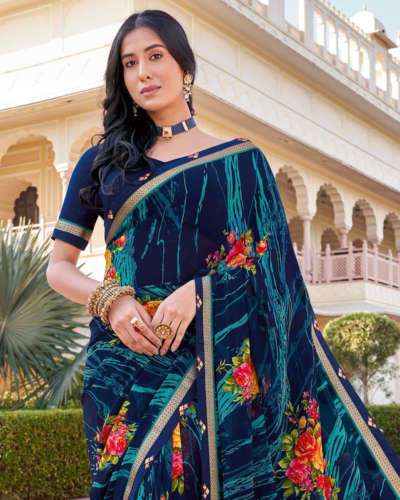 Vishal Prints Navy Blue Printed Georgette Saree With Border