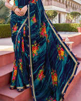 Vishal Prints Navy Blue Printed Georgette Saree With Border