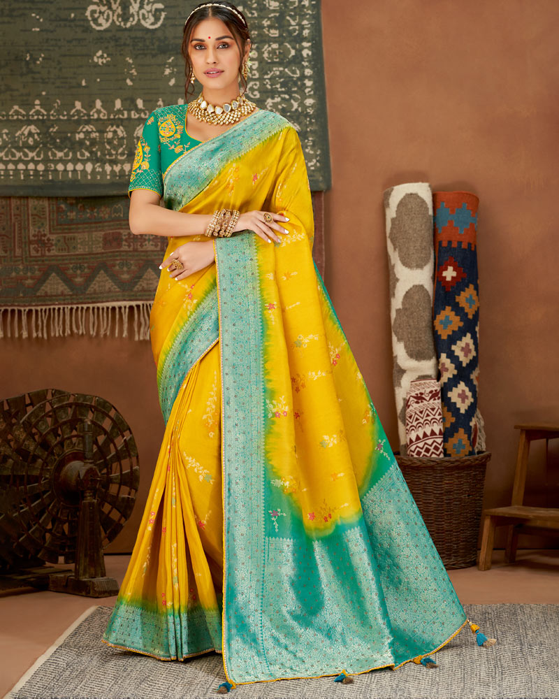 Vishal Prints Dark Yellow And Teal Art Silk Zari Weaving Saree With Diamond Work