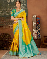 Vishal Prints Dark Yellow And Teal Art Silk Zari Weaving Saree With Diamond Work