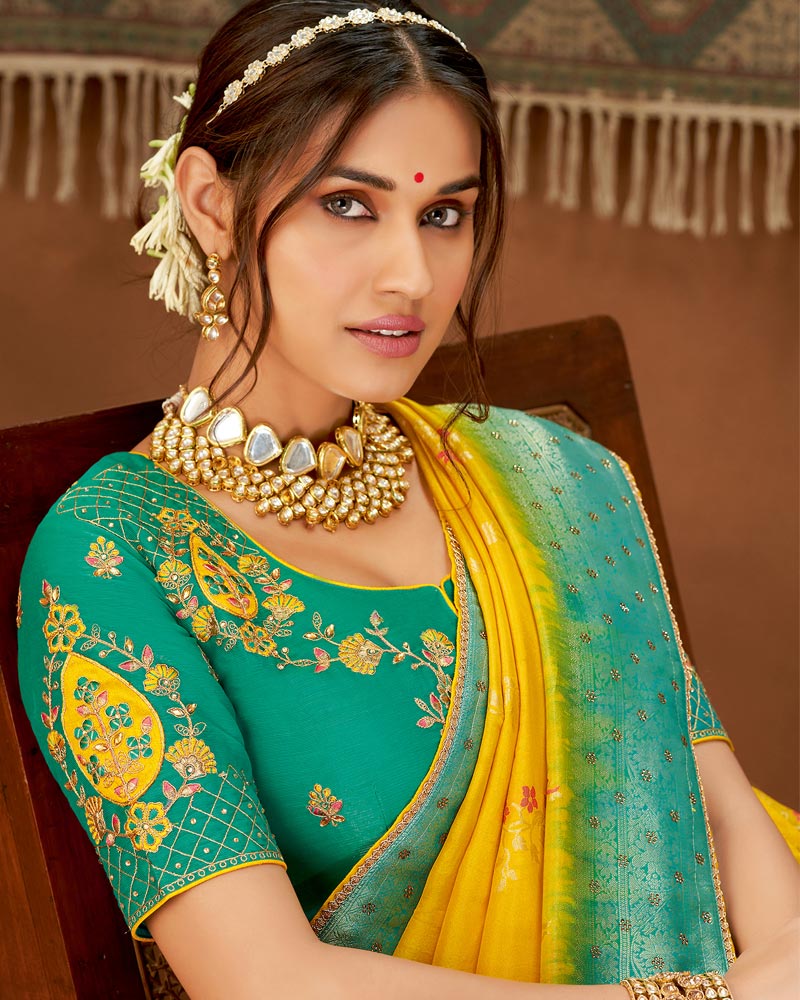 Vishal Prints Dark Yellow And Teal Art Silk Zari Weaving Saree With Diamond Work