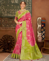 Vishal Prints Rose Pink And Green Art Silk Zari Weaving Saree With Diamond Work