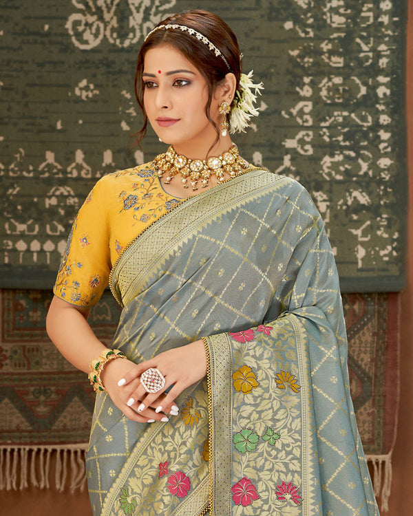 Vishal Prints Grey Art Silk Zari Weaving Saree With Diamond Work