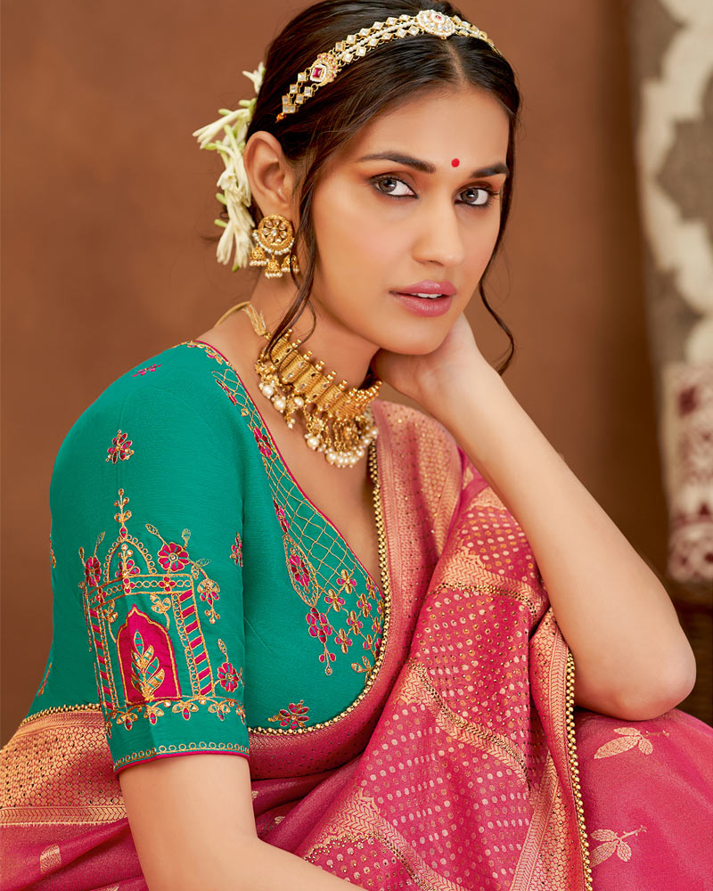 Vishal Prints Hot Pink Art Silk Zari Weaving Saree With Diamond Work