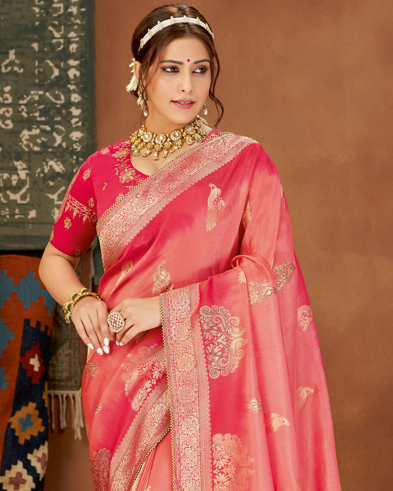 Vishal Prints Peach And Pink Art Silk Zari Weaving Saree With Diamond Work