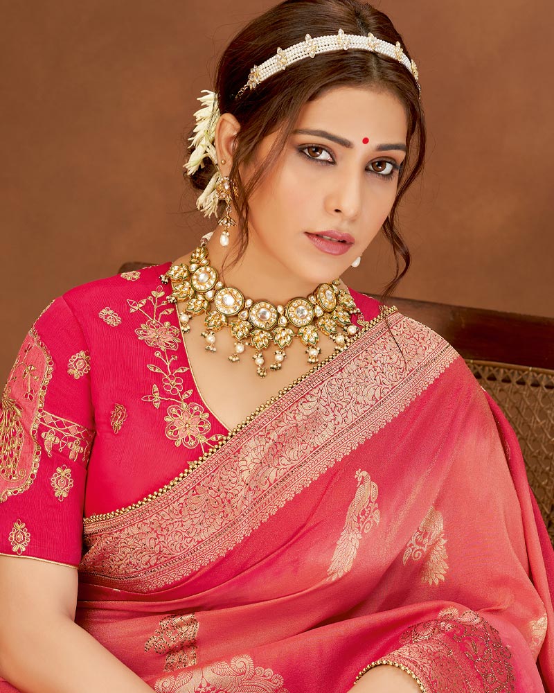 Vishal Prints Peach And Pink Art Silk Zari Weaving Saree With Diamond Work