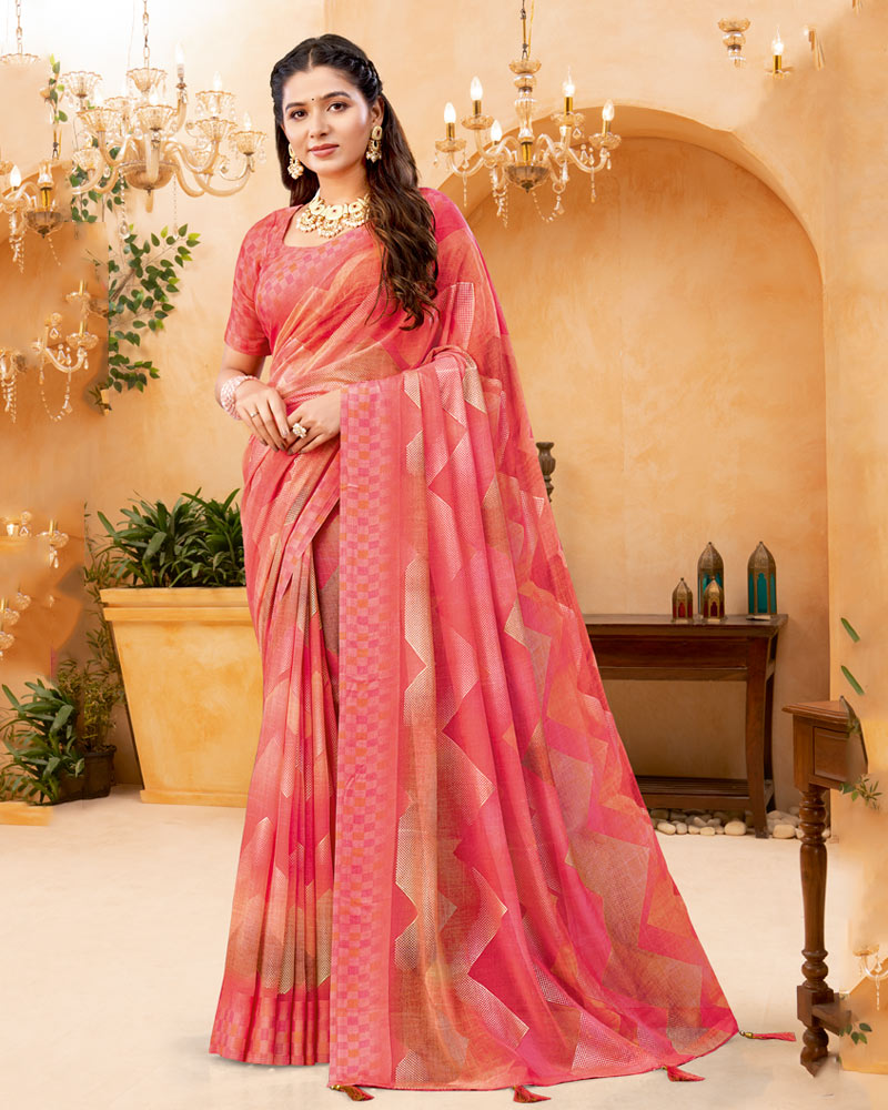 Vishal Prints Faded Red Digital Print Georgette Saree With Foil Print And Weaved Satin Patta