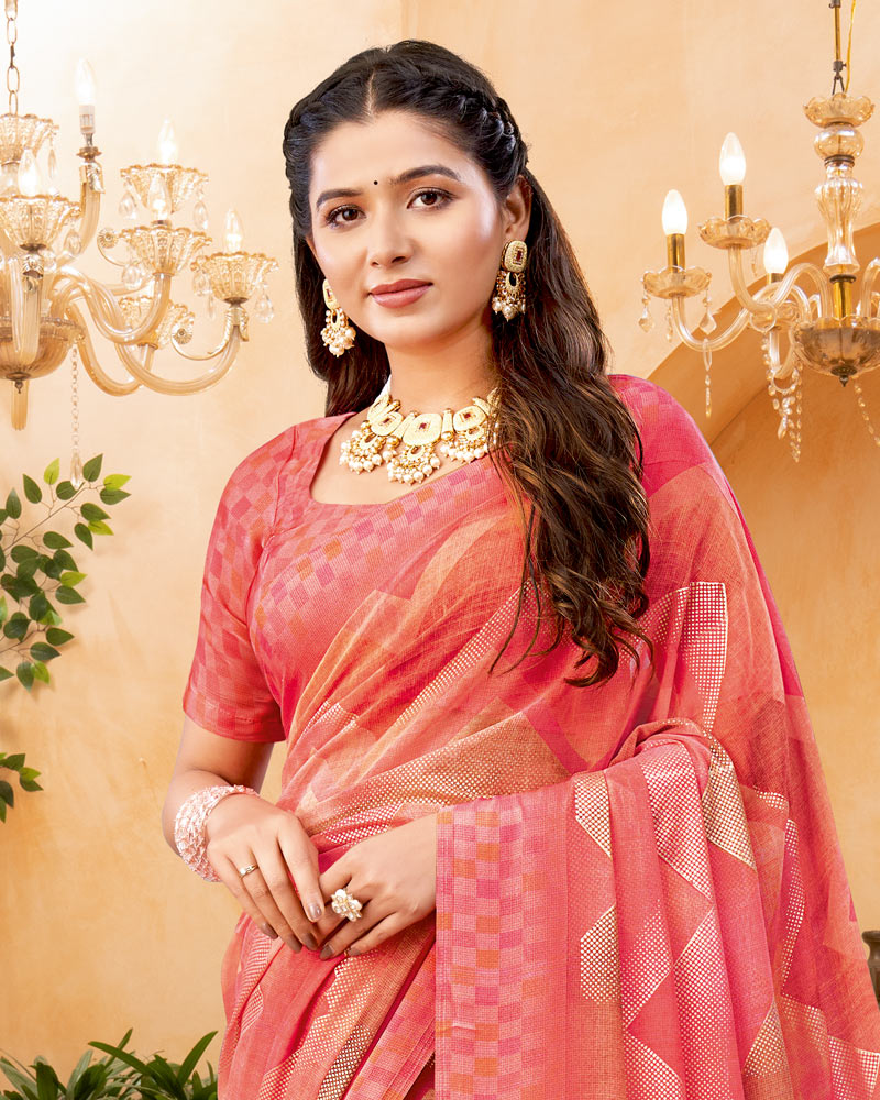 Vishal Prints Faded Red Digital Print Georgette Saree With Foil Print And Weaved Satin Patta
