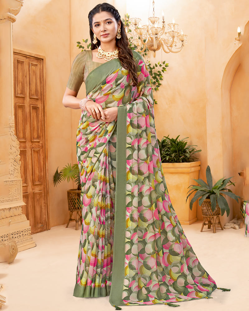 Vishal Prints Greyish Green Digital Print Georgette Saree With Foil Print And Weaved Satin Patta