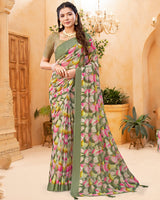 Vishal Prints Greyish Green Digital Print Georgette Saree With Foil Print And Weaved Satin Patta