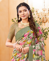 Vishal Prints Greyish Green Digital Print Georgette Saree With Foil Print And Weaved Satin Patta