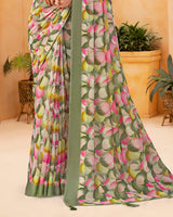 Vishal Prints Greyish Green Digital Print Georgette Saree With Foil Print And Weaved Satin Patta